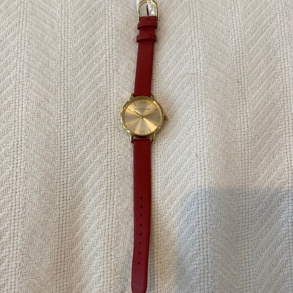Olivia Burton gold small face watch red leather NEW - Picture 2 of 8